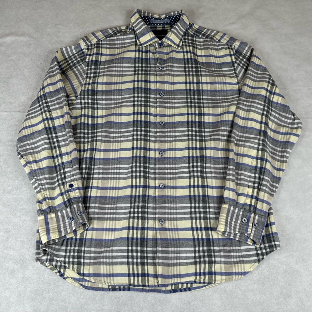 Tommy Bahama Flannel Shirt Men's Size L Gray Yellow Plaid Button Up Long Sleeve